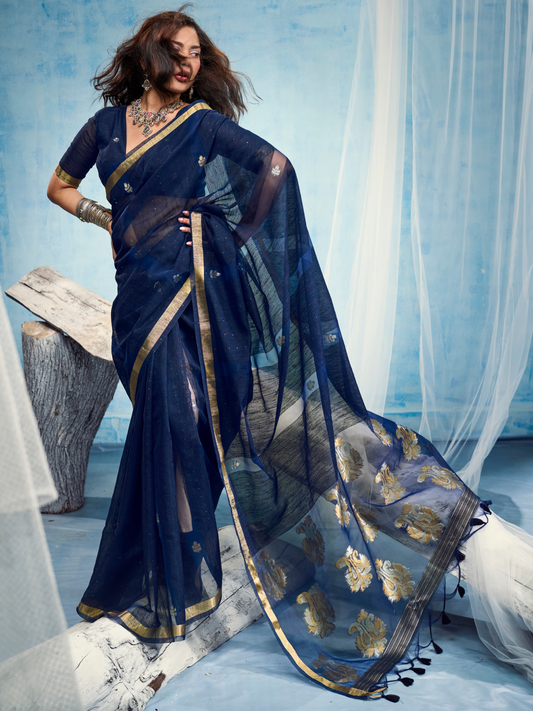 Oxford Blue Munga Silk Handloom Saree