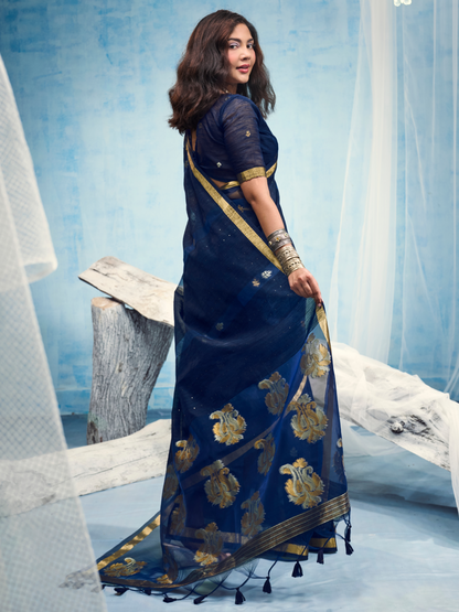 Oxford Blue Munga Silk Handloom Saree