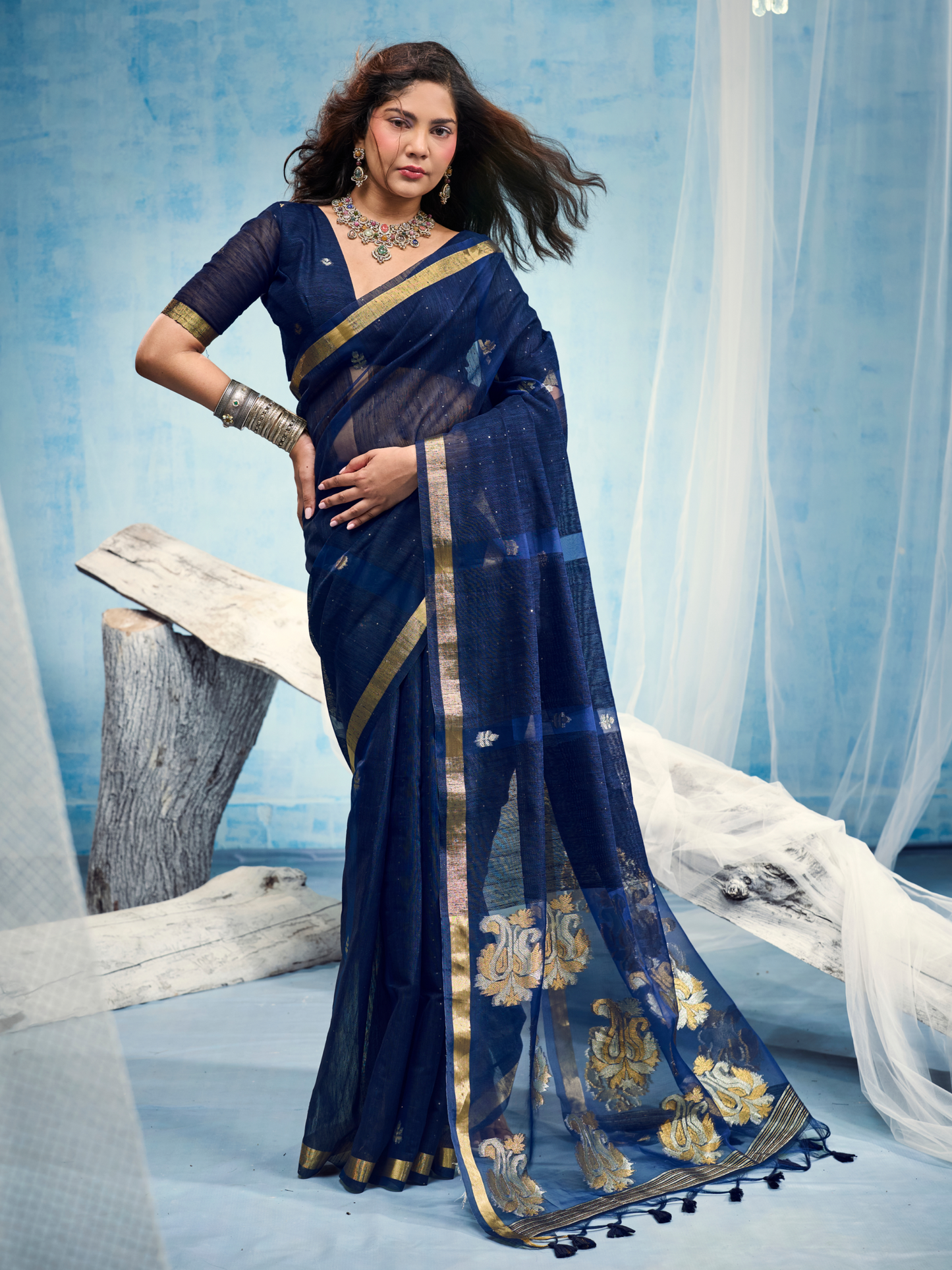 Oxford Blue Munga Silk Handloom Saree