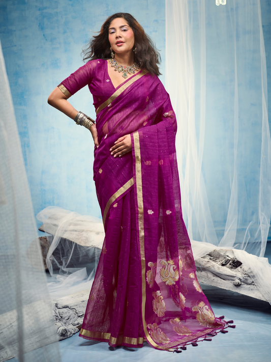 Byzantine Magenta Munga Silk Handloom Saree