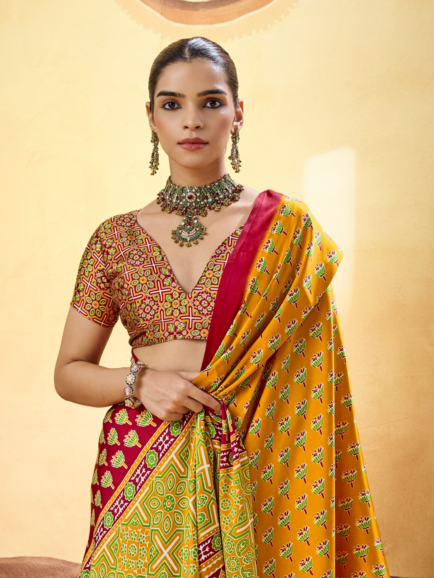 Amber Yellow Printed Satin Silk Saree