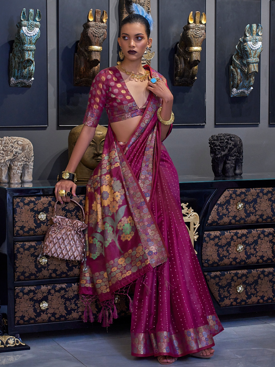 magenta organza saree