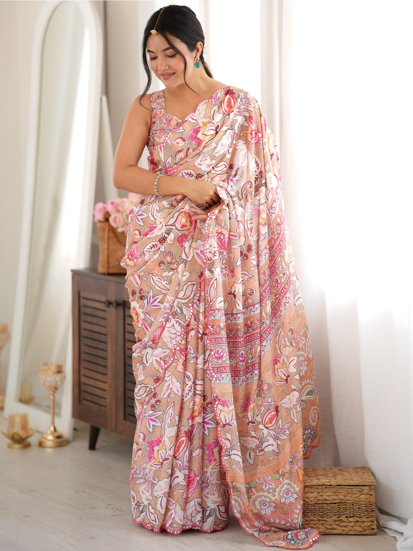 Almond Beige Printed Chiffon Silk Saree