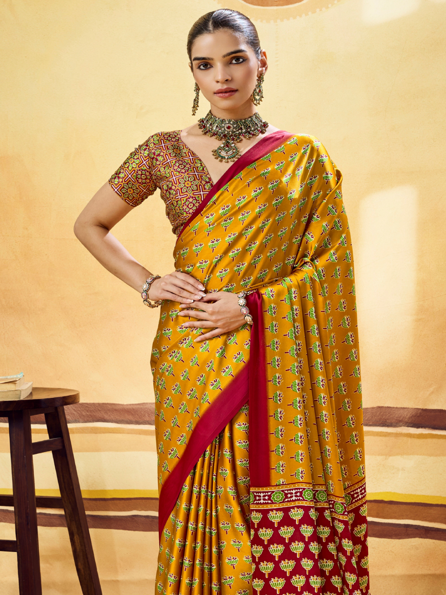 Amber Yellow Printed Satin Silk Saree