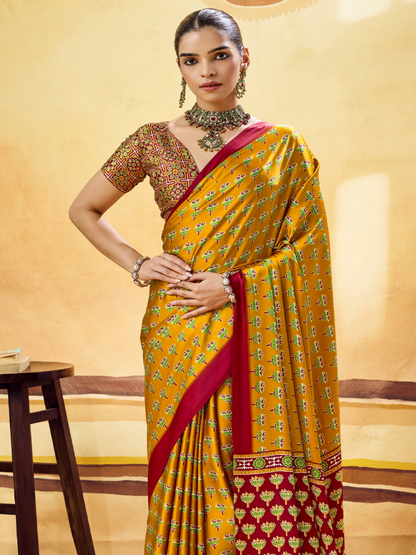 Amber Yellow Printed Satin Silk Saree