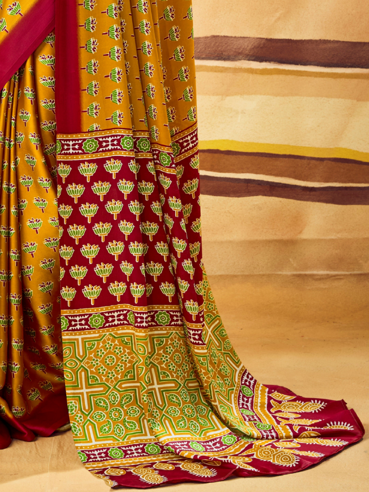 Amber Yellow Printed Satin Silk Saree