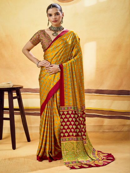 Amber Yellow Printed Satin Silk Saree
