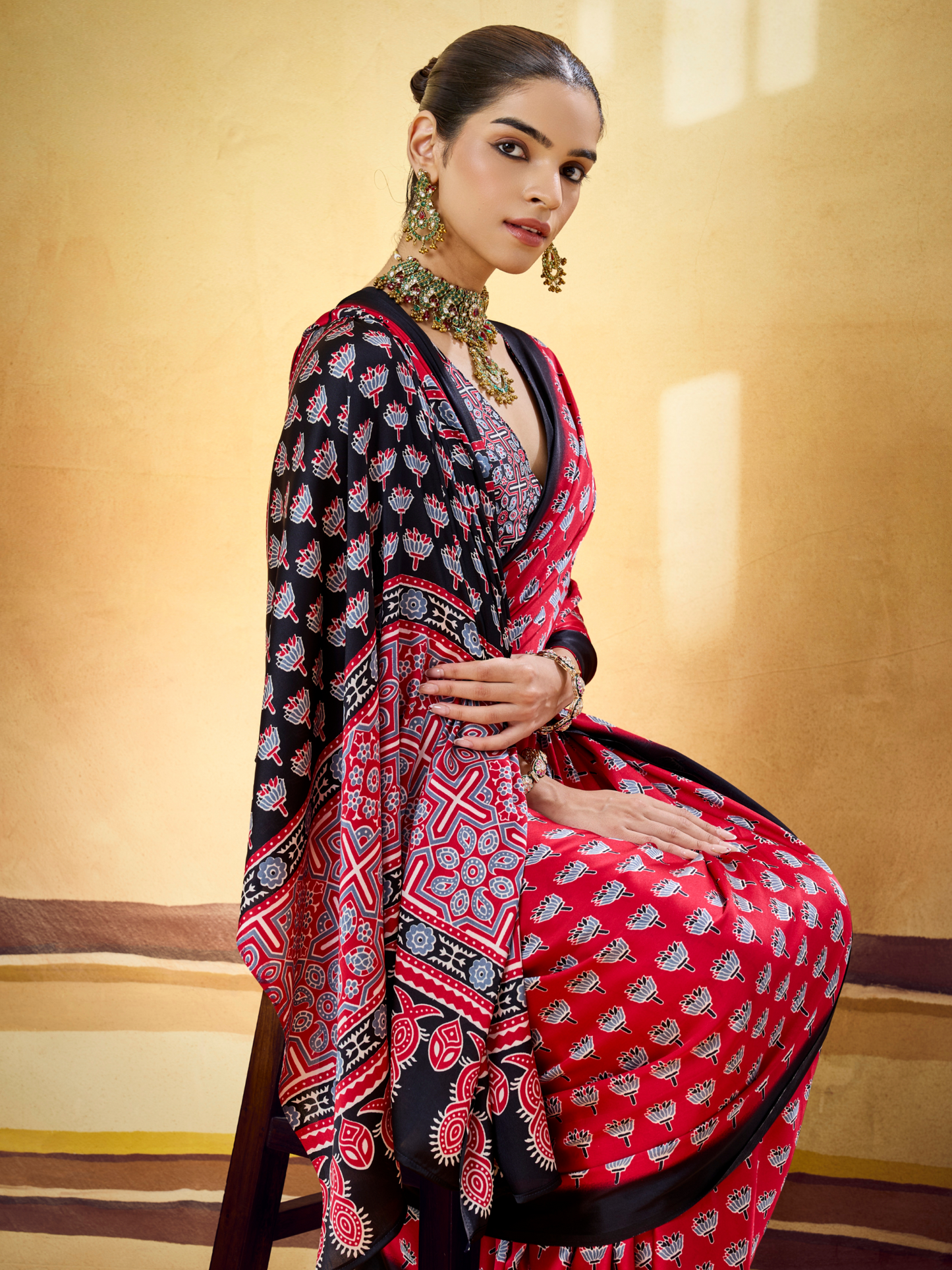 Hibiscus Red Printed Satin Silk Saree