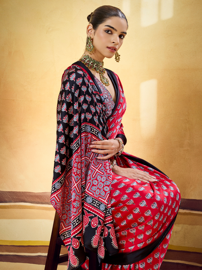 Hibiscus Red Printed Satin Silk Saree