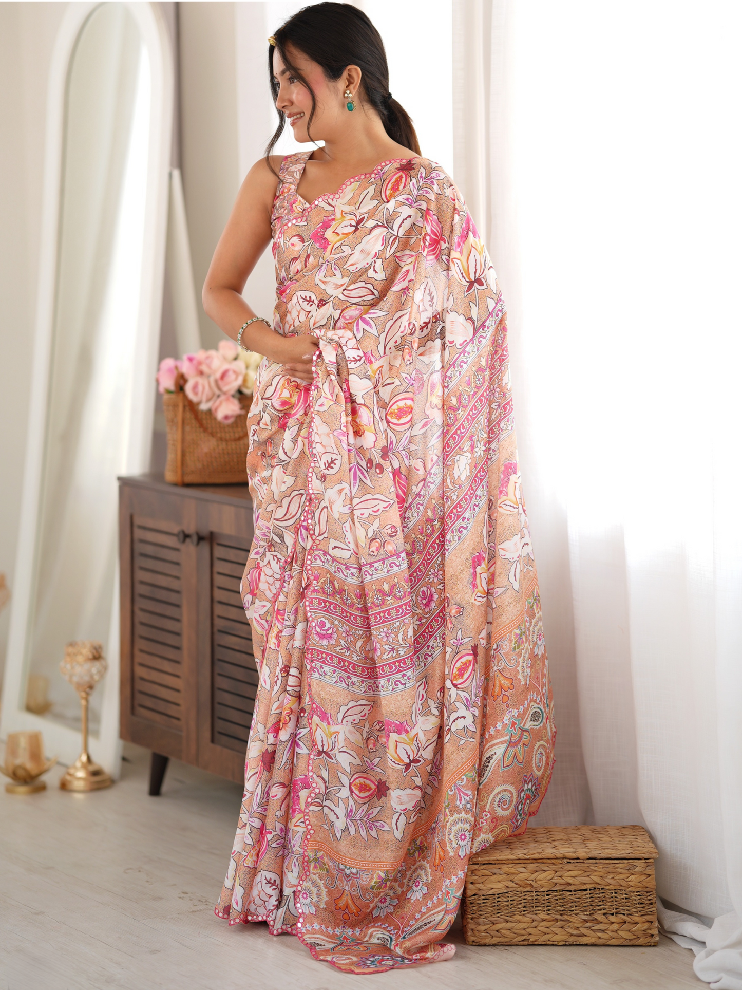 Almond Beige Printed Chiffon Silk Saree