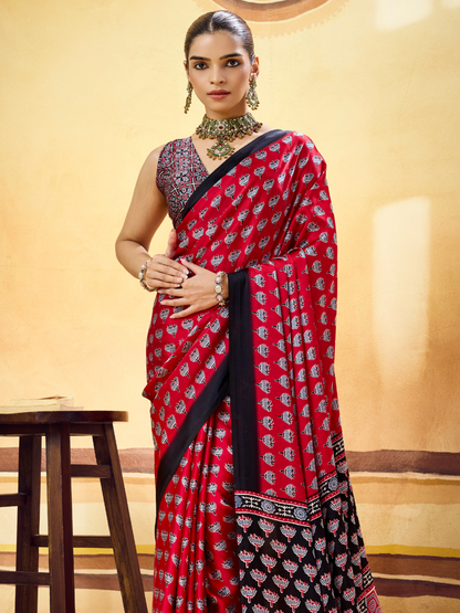 Hibiscus Red Printed Satin Silk Saree