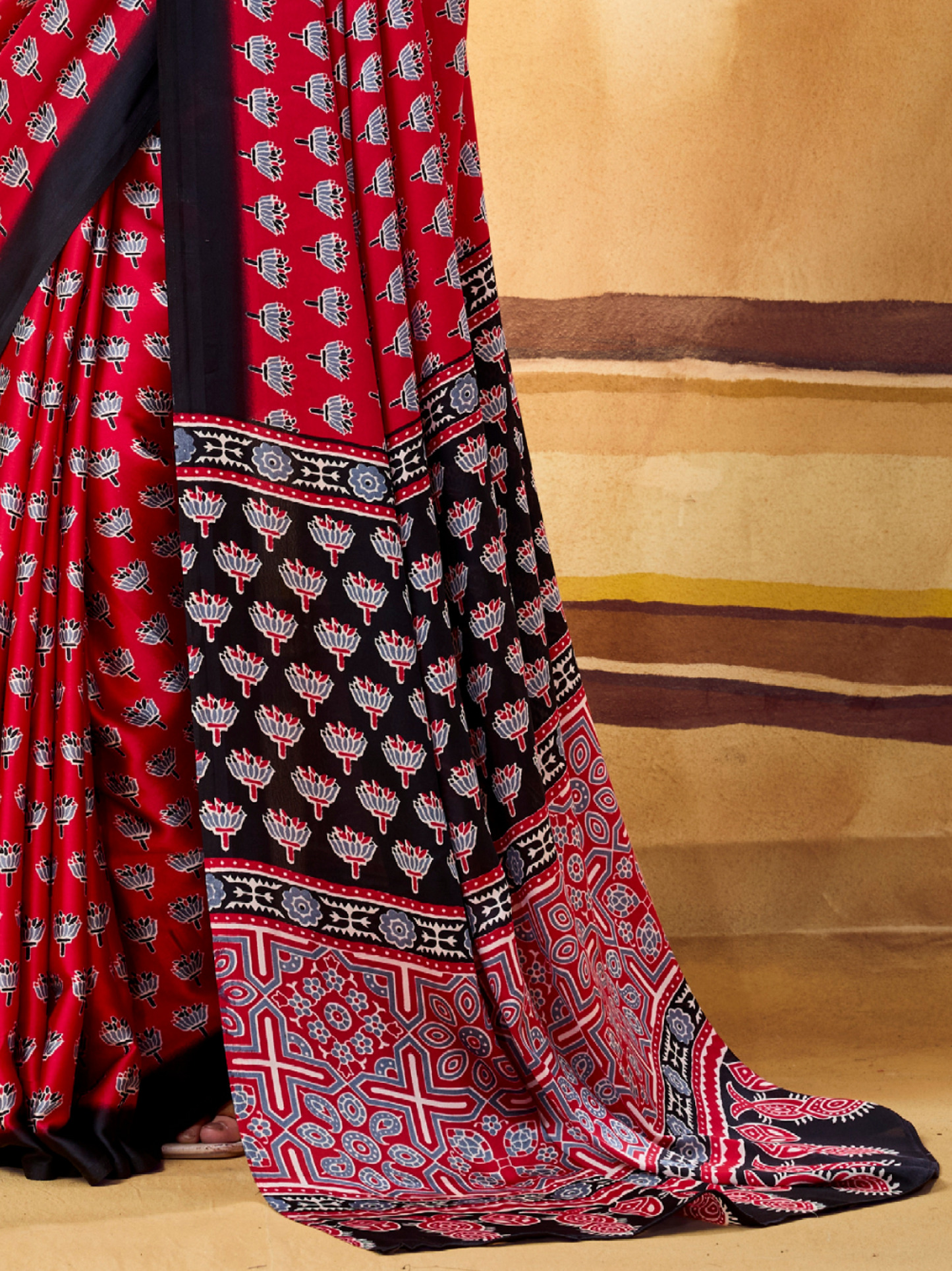 Hibiscus Red Printed Satin Silk Saree