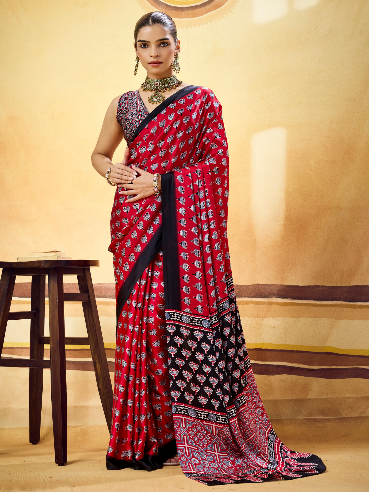 Hibiscus Red Printed Satin Silk Saree