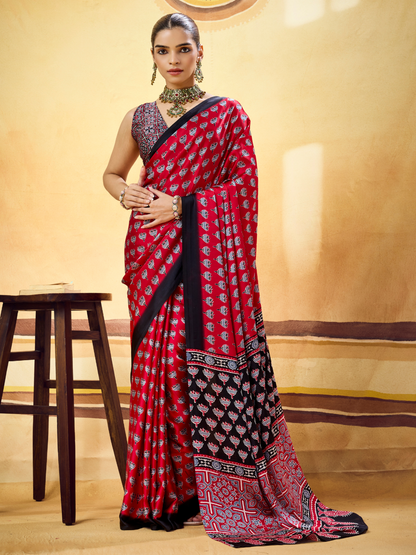 Hibiscus Red Printed Satin Silk Saree