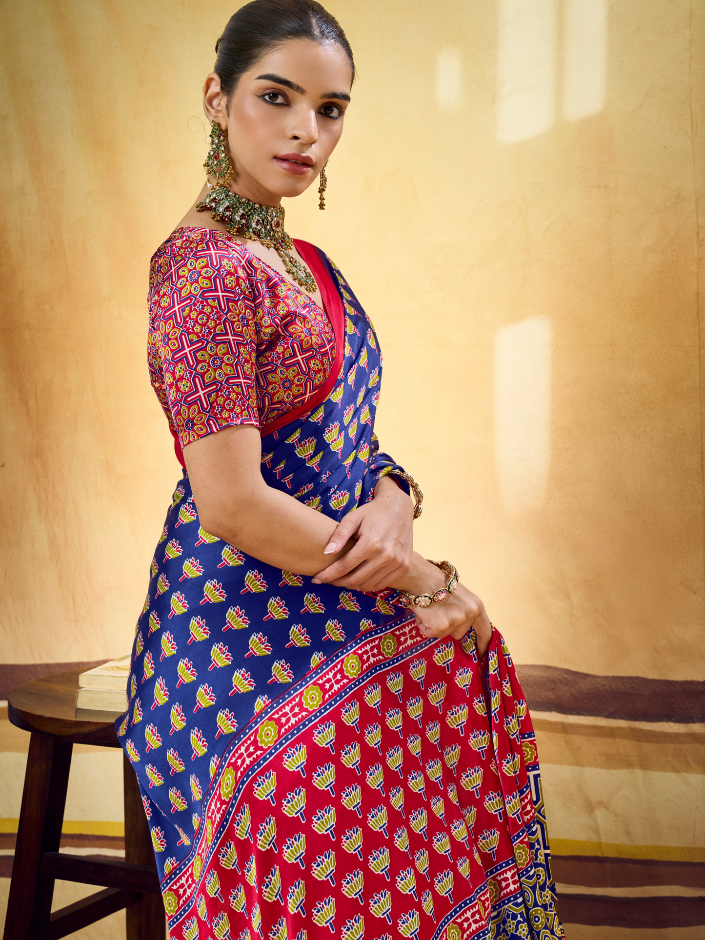 Royal Blue Printed Satin Silk Saree