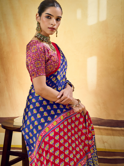 Royal Blue Printed Satin Silk Saree