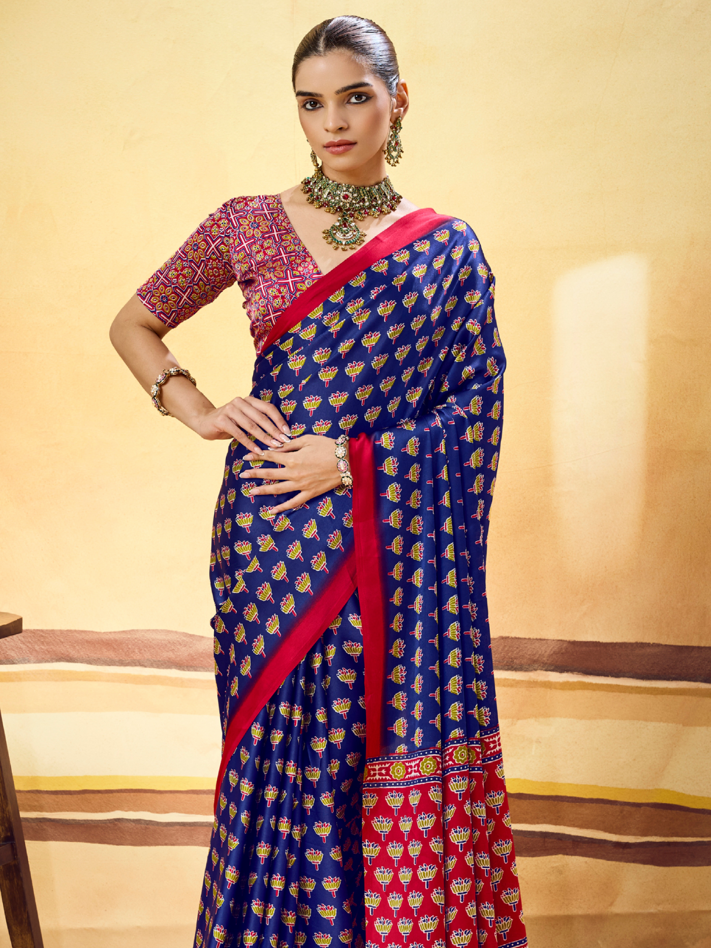 Royal Blue Printed Satin Silk Saree