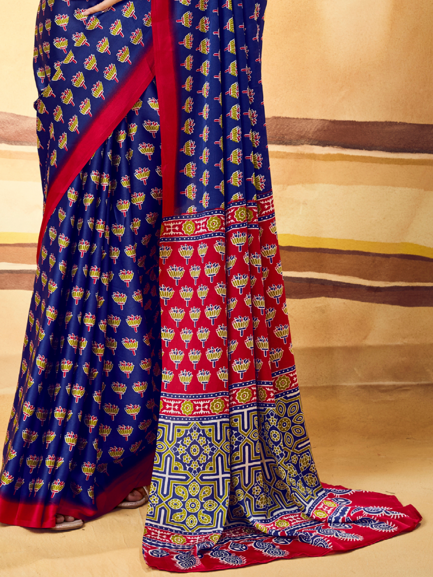 Royal Blue Printed Satin Silk Saree