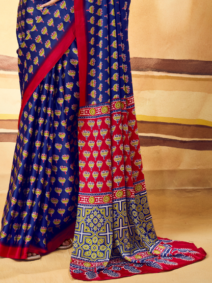Royal Blue Printed Satin Silk Saree