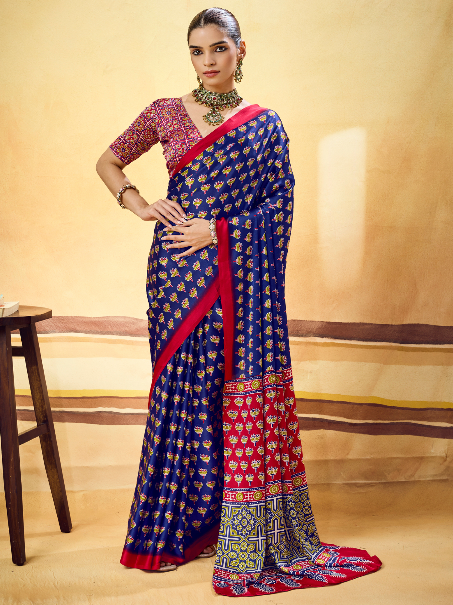 Royal Blue Printed Satin Silk Saree