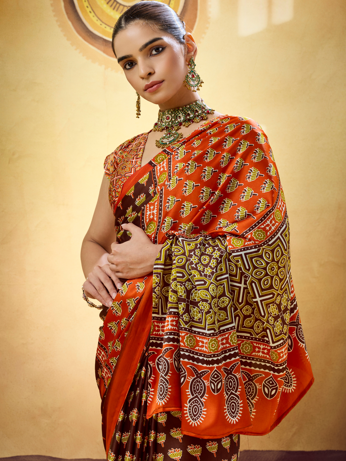 Mocha Brown Printed Satin Silk Saree