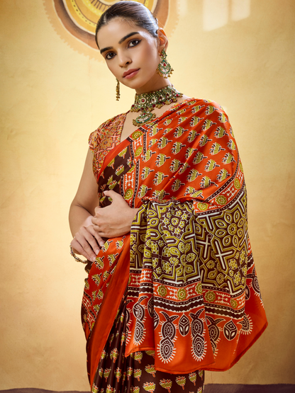Mocha Brown Printed Satin Silk Saree