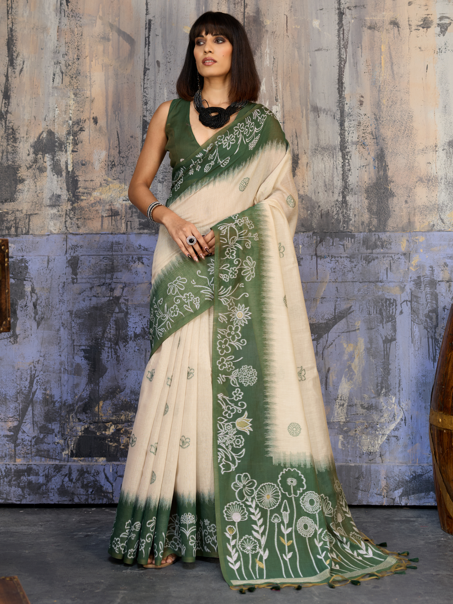 Unique Green Printed Cotton Silk Saree