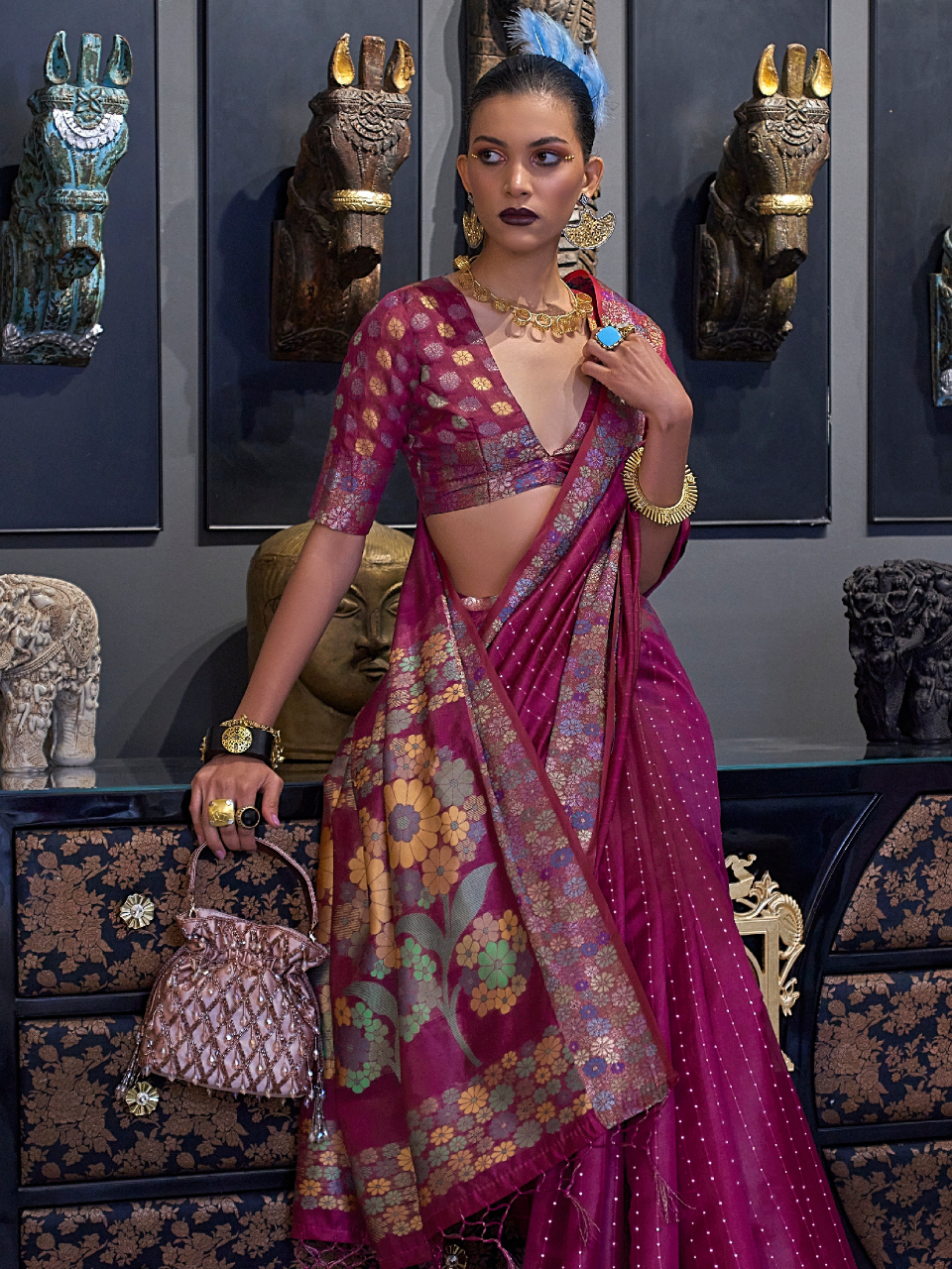 wine colour organza saree