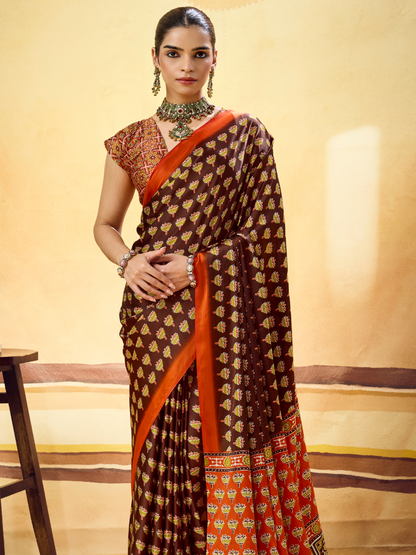 Mocha Brown Printed Satin Silk Saree