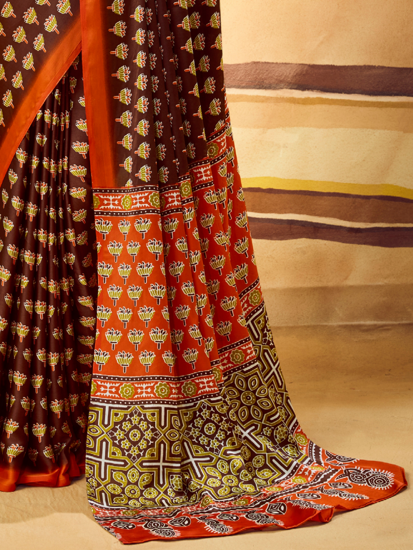 Mocha Brown Printed Satin Silk Saree