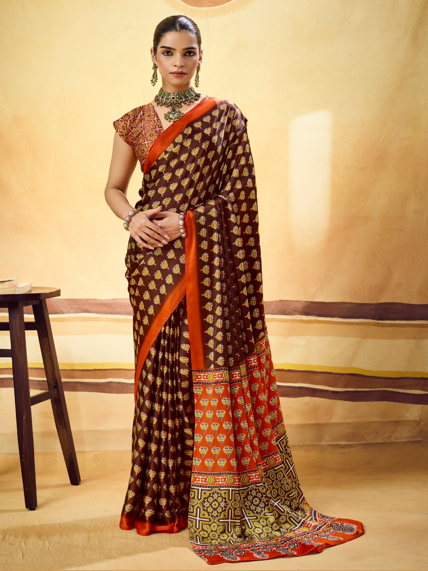 Mocha Brown Printed Satin Silk Saree
