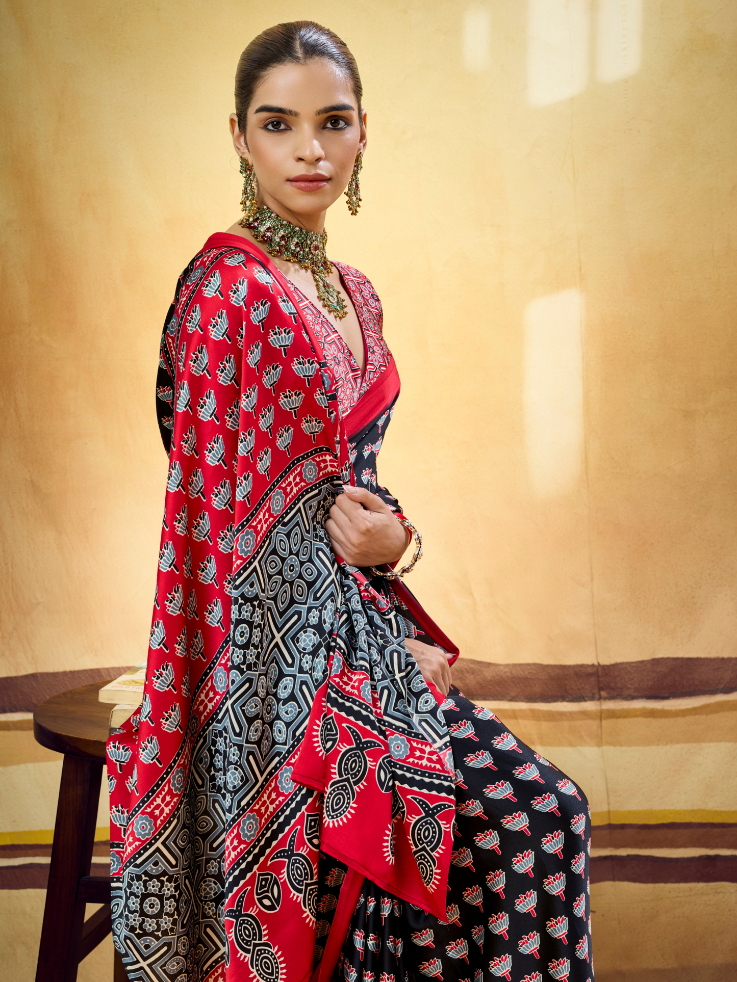 Midnight Black Printed Satin Silk Saree