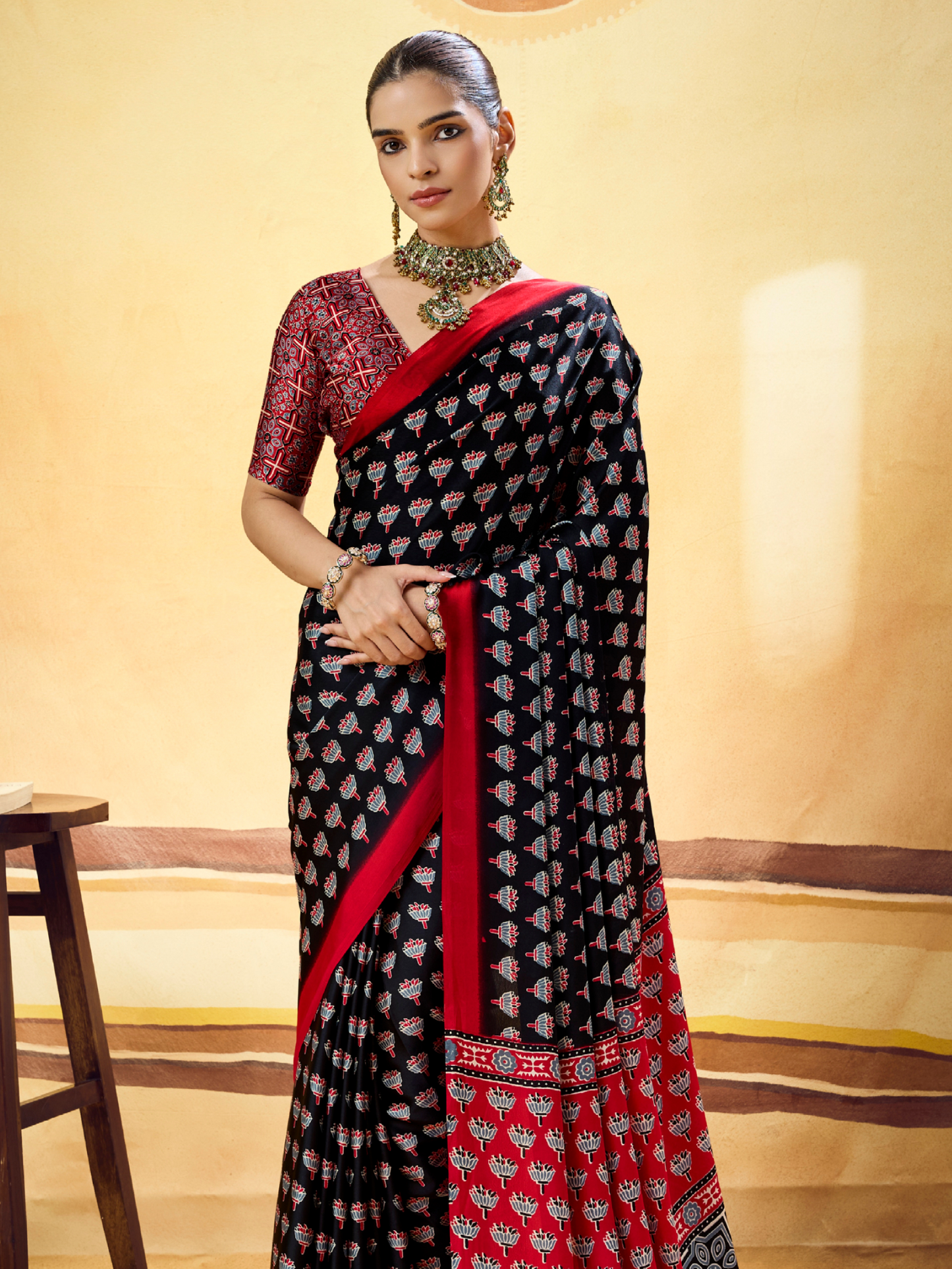 Midnight Black Printed Satin Silk Saree