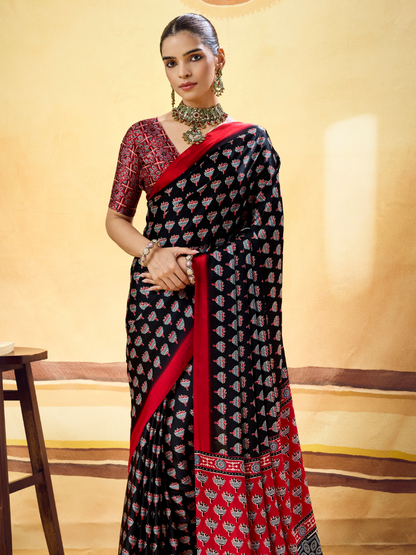 Midnight Black Printed Satin Silk Saree