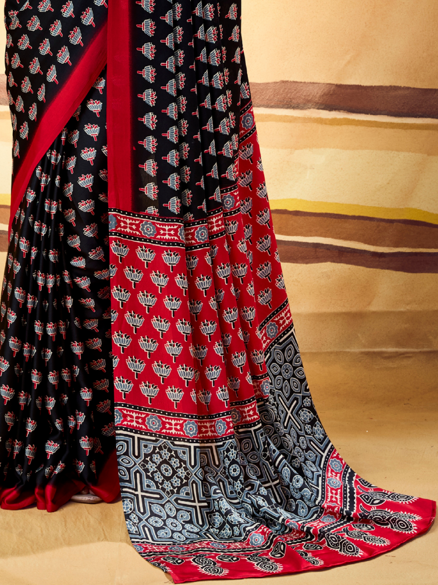 Midnight Black Printed Satin Silk Saree