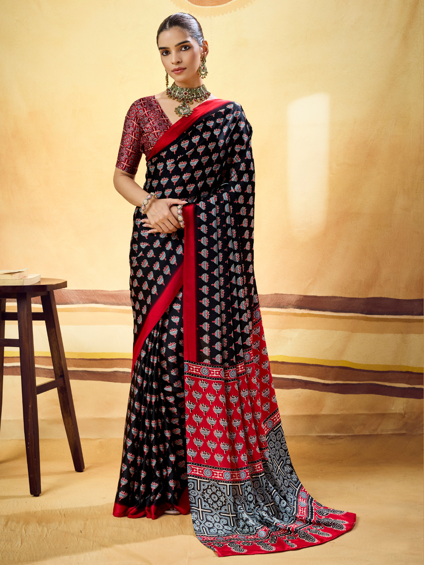 Midnight Black Printed Satin Silk Saree