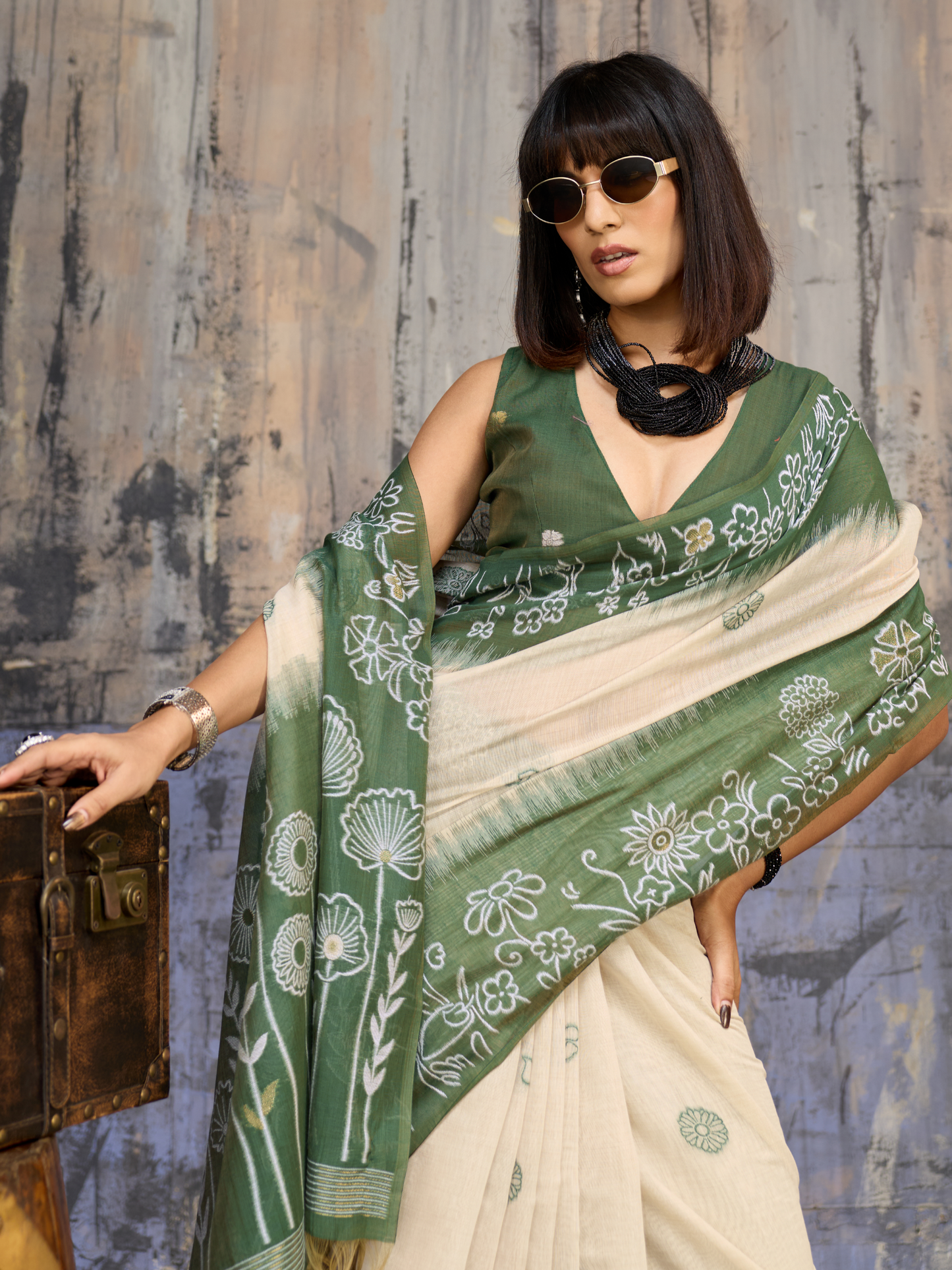 Unique Green Printed Cotton Silk Saree