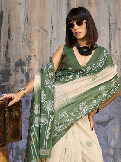 Unique Green Printed Cotton Silk Saree