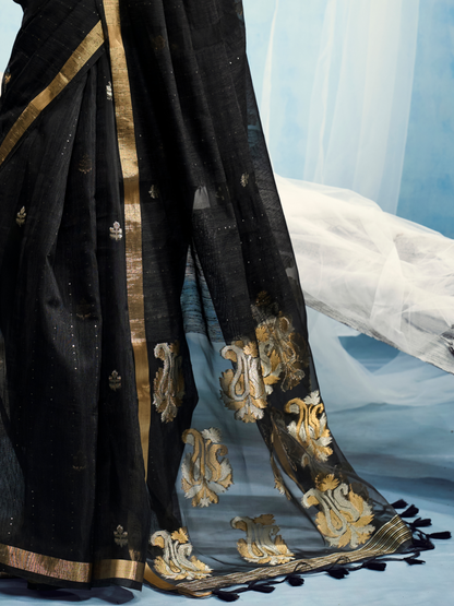 Carbon Black Munga Silk Handloom Saree