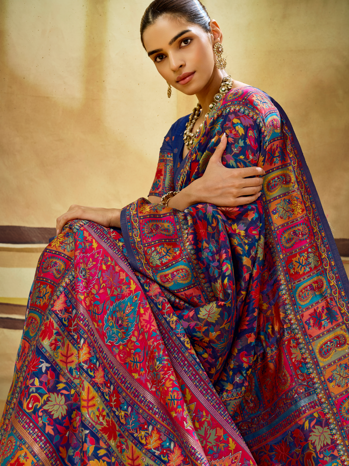 Sapphire Blue Woven Kashmiri Cotton Saree
