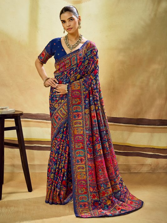 Sapphire Blue Woven Kashmiri Cotton Saree