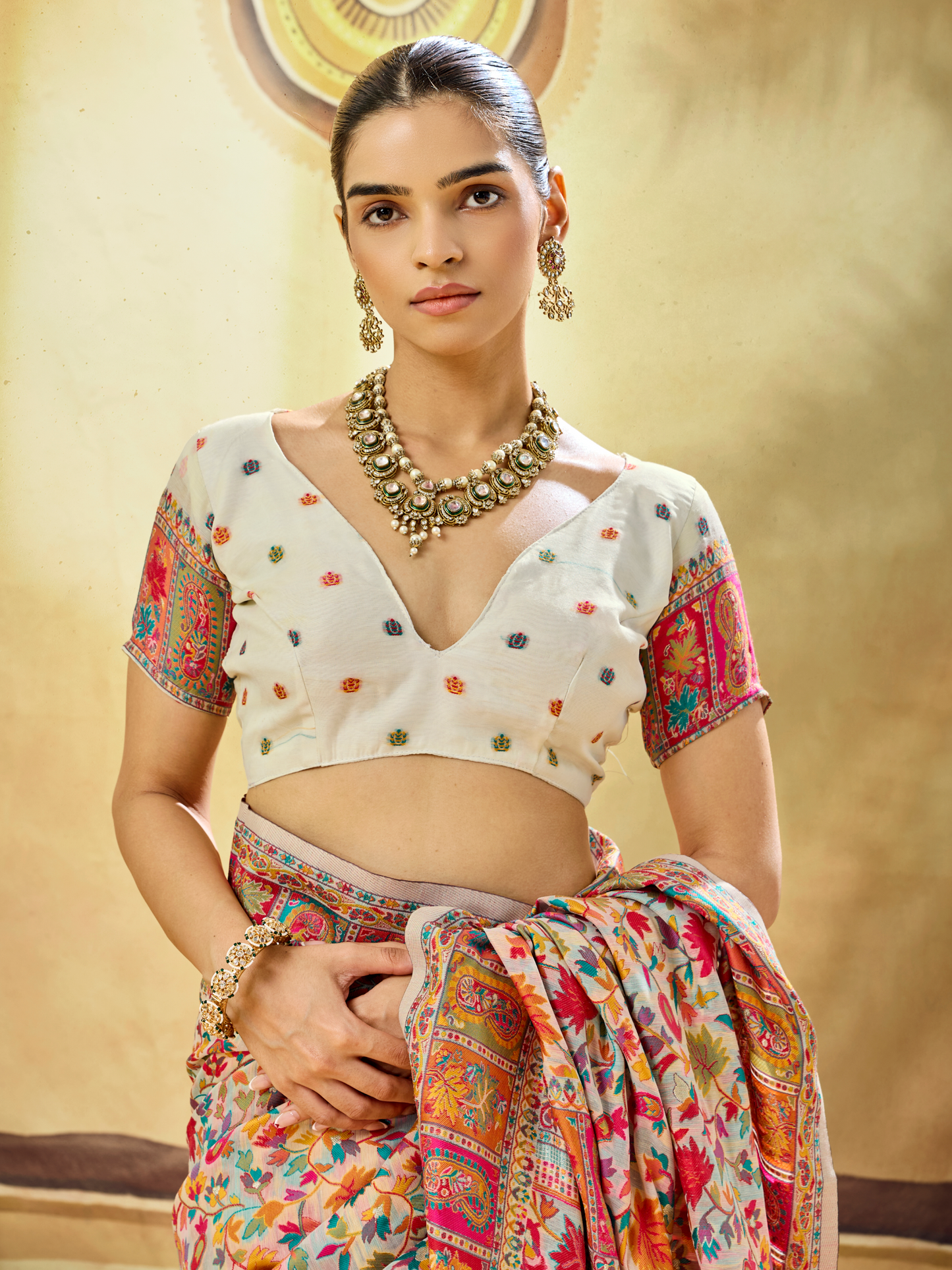 Dove White Woven Kashmiri Cotton Saree