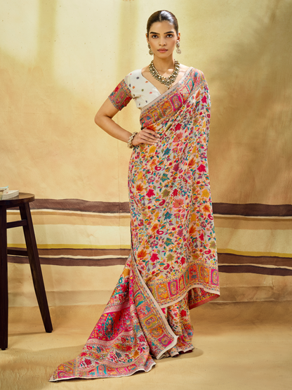 Dove White Woven Kashmiri Cotton Saree