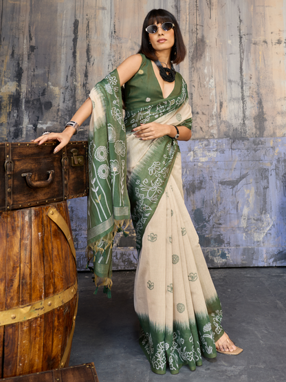 Unique Green Printed Cotton Silk Saree