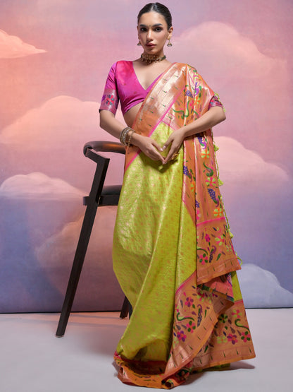 Lime Green Woven Paithani Silk Saree