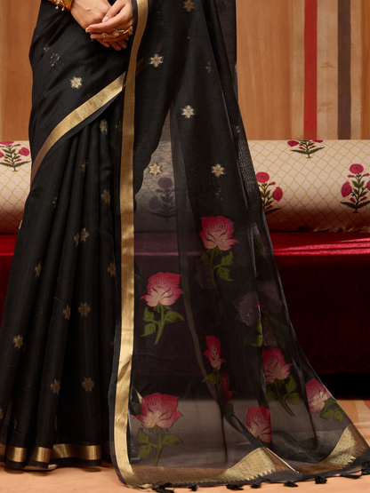 Coal Black Spun Cotton Weaving Saree
