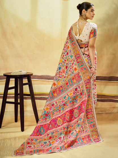 Dove White Woven Kashmiri Cotton Saree