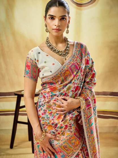 Dove White Woven Kashmiri Cotton Saree