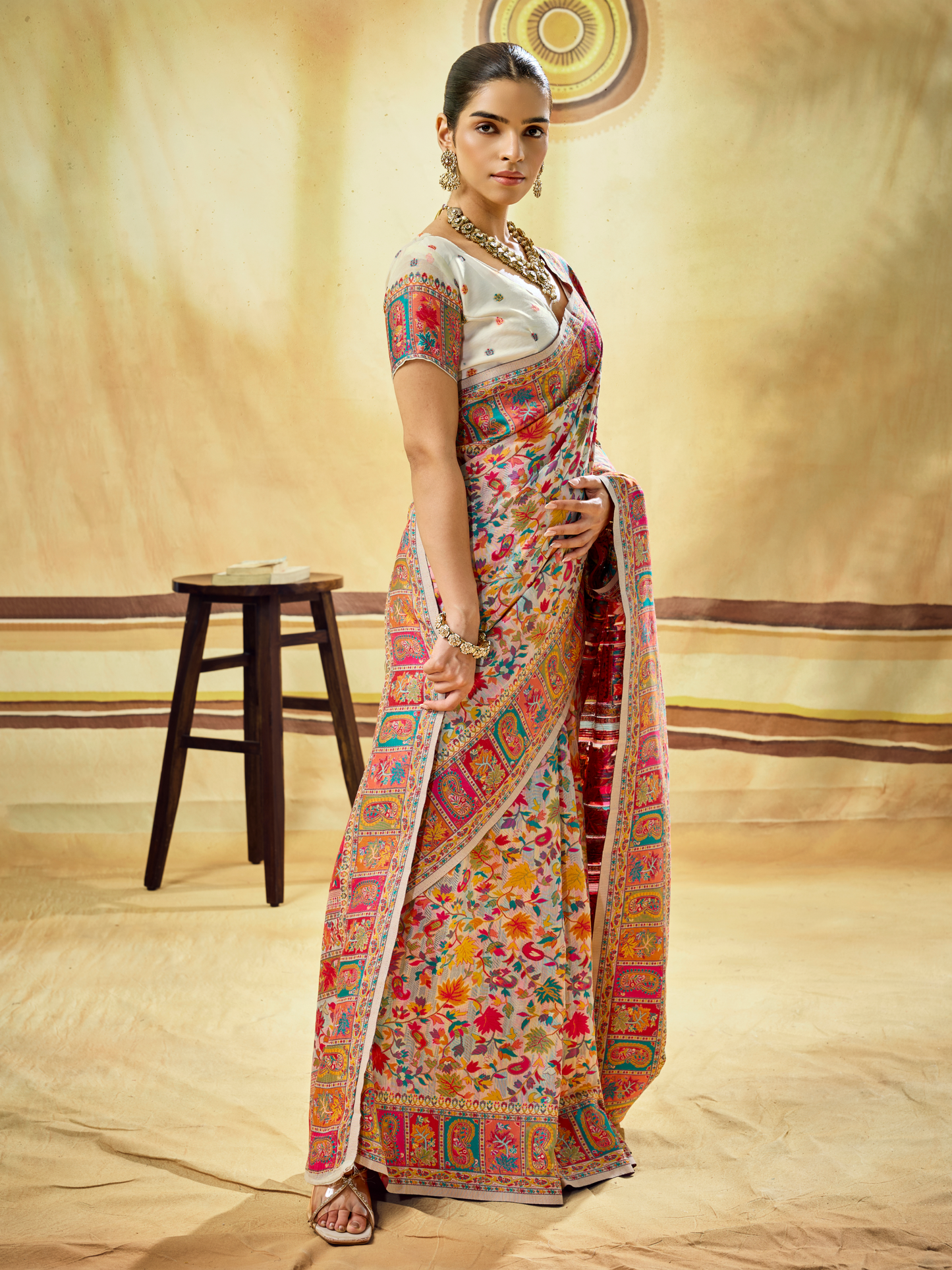 Dove White Woven Kashmiri Cotton Saree