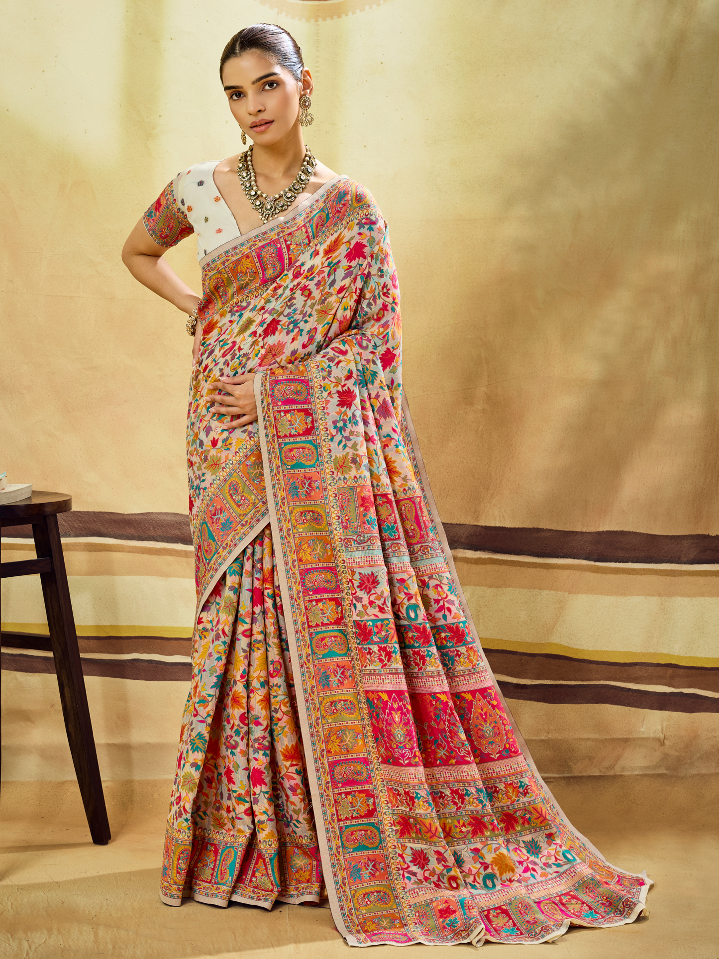 Dove White Woven Kashmiri Cotton Saree